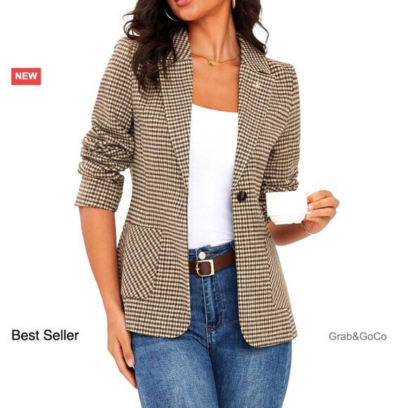 Jackets & Blazers - Plaid Blazer Embroidered Collar Houndstooth Business Casual Office Jacket